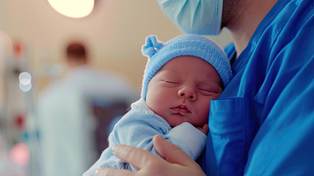 AI generated Generative AI, Pediatrician doctor holding a newborn baby in hospital, concept of childbirth and healthcare professionals photo