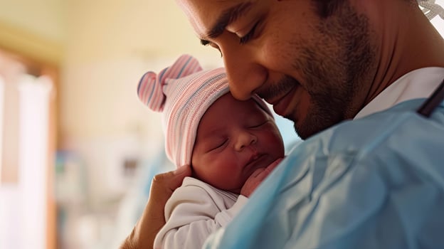 AI generated Generative AI, Pediatrician doctor holding a newborn baby in hospital, concept of childbirth and healthcare professionals photo
