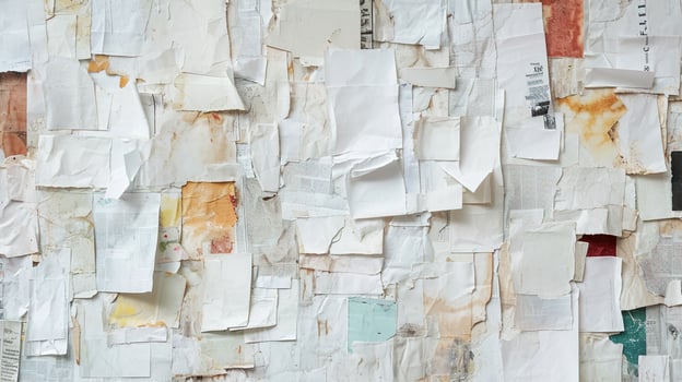 AI generated Generative AI, collage of waste paper pieces, ripped paper with torn, recycling concept photo