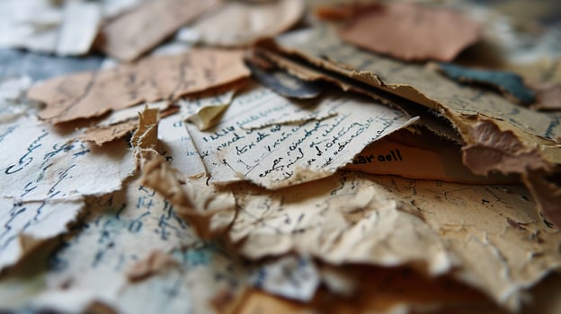 AI generated Generative AI, collage of waste paper pieces, ripped paper with torn, recycling concept photo