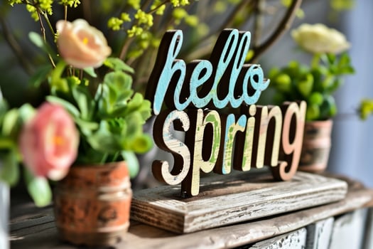 AI generated Hello Spring text with flowers in pots on a rustic wooden background photo