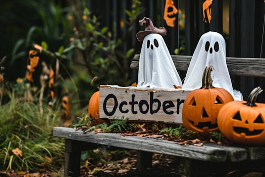 AI generated Halloween decorations on wooden bench with copy space. Happy Halloween concept. photo