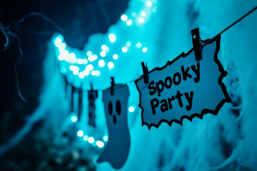 AI generated Halloween background with ghost and lights. Holiday concept. photo