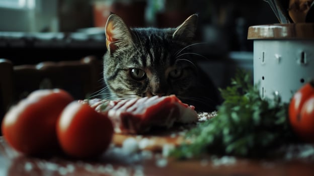 AI generated Domestic cat eating meat in the kitchen. Selective focus. photo