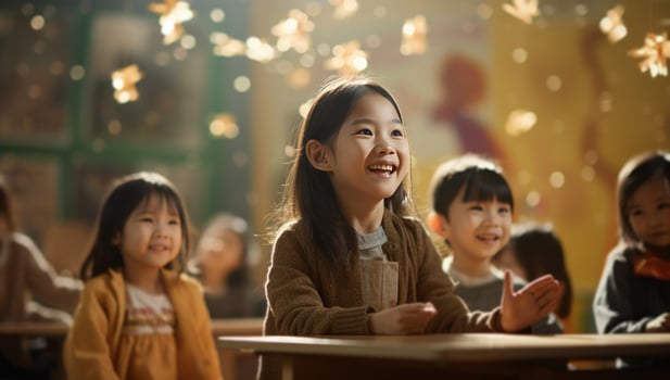 AI generated asian teacher smiling in classroom as child smiles and claps photo