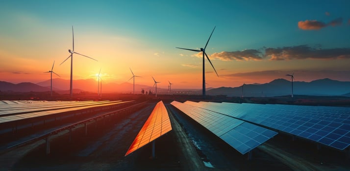 AI generated solar panels and wind turbines at sunset photo