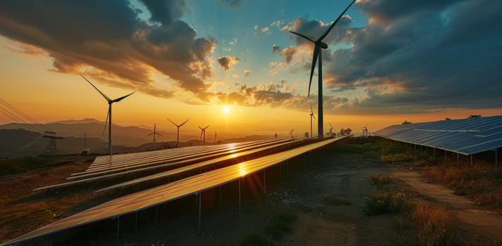 AI generated solar panels and wind turbines at sunset photo