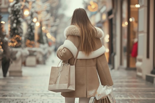 AI generated young girl walking with her shopping bags in the street photo