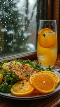 AI generated Plate of Food With Oranges and Glass of Water photo