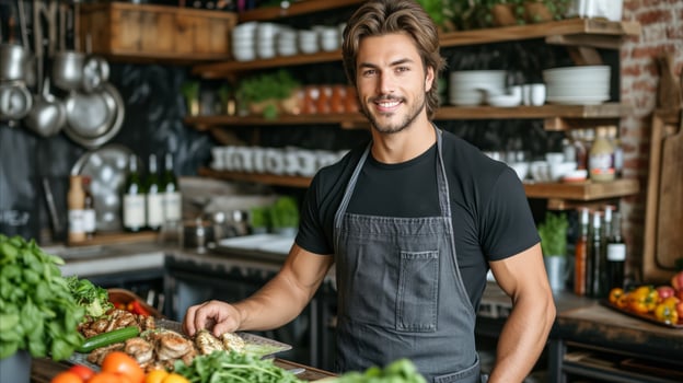 AI generated Man Standing in Front of Vegetable-Filled Counter photo