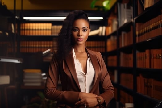 AI generated Portrait of a stylish African-American librarian in formal clothes, standing in the university library and looking at the camera photo