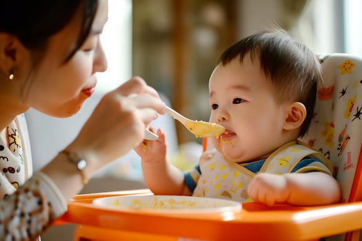 AI generated Young Asian Mother Feeding Her Baby Boy photo
