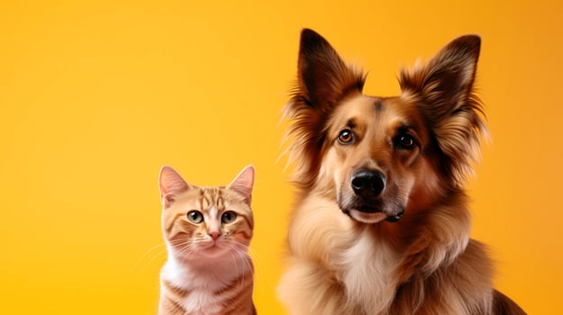 AI generated Cat and dog together on yellow background. Concept of friendly family. photo
