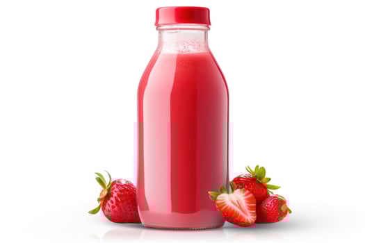 AI generated Strawberry juice bottle seen from the front on a white background photo
