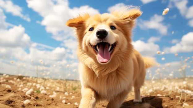 AI generated Funny red dog in the field on the background of blue sky. photo