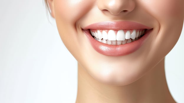 AI generated Close up of a smiling woman with healthy white teeth, isolated on a white background. photo