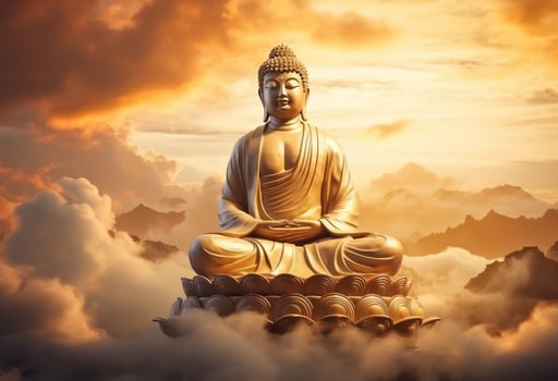 AI generated a golden buddha statue is resting on a cloud photo