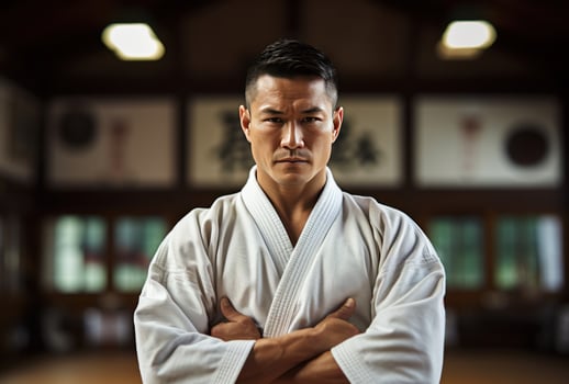 AI generated a man in a white karate costume donning his gear photo