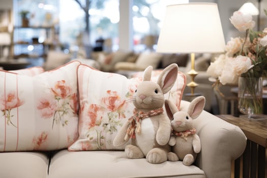 AI generated Plush Bunny Pillows and Spring-themed Throws Adorn Sofa photo