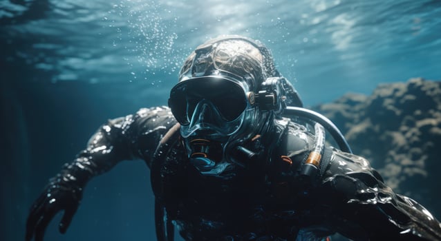 AI generated scuba diver in a body suit swimming underwater photo