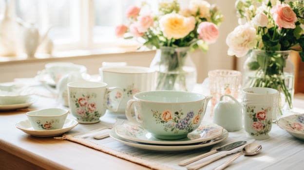 AI generated Charming Egg Cups, Floral Plates, and Pastel Napkins photo