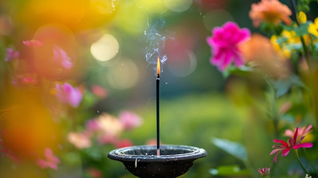 AI generated Aromatic Incense Smoke Rising Over Floral Garden Blur photo