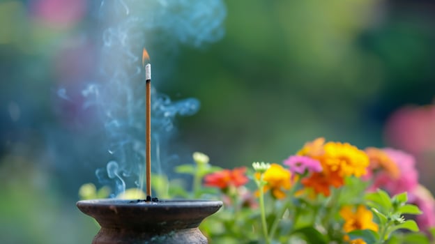 AI generated Incense Stick Emitting Smoke Against Vibrant Flower Backdrop photo