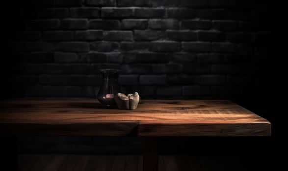 AI generated Empty wooden background with brick wall and neon lights. Brick walls, neon signs and lamps photo