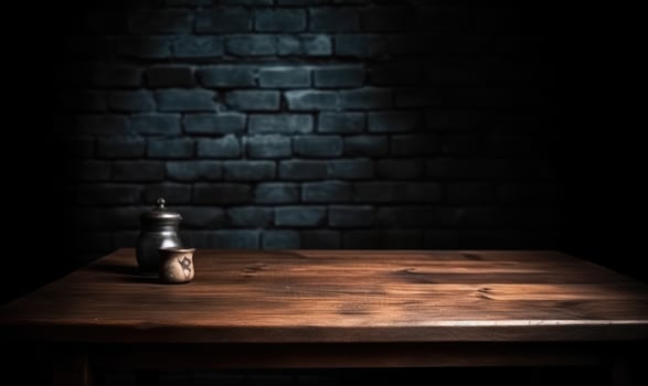 AI generated Empty wooden background with brick wall and neon lights. Brick walls, neon signs and lamps photo