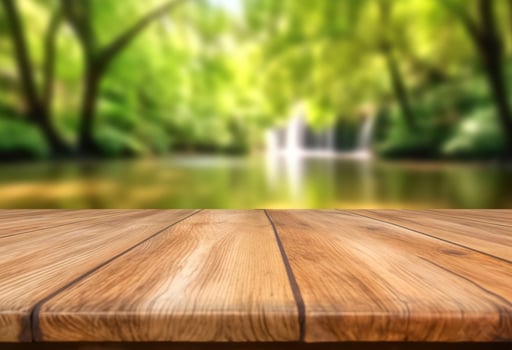 AI generated Wooden table top with natural green background of blurred lake photo