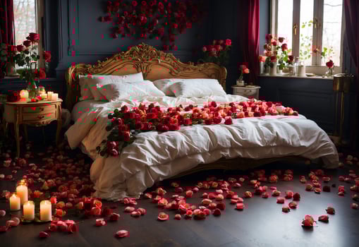 AI generated Modern dark bedroom with Valentine atmosphere with Roses and Heart Balloons photo