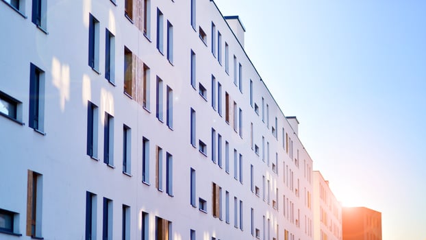 Residential area with modern apartment building. Multi Storey modern, new and stylish living block of flats. photo