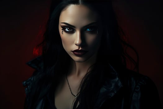 AI Generated In a mystical narrative, a captivating woman, the femme fatale, exudes an alluring charm, embodying the enigmatic allure of a vampire heroine. photo