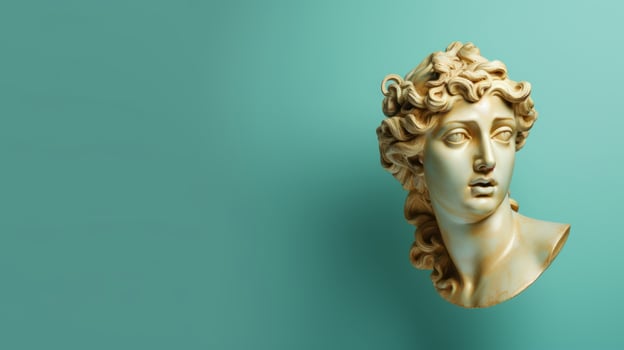 AI generated Gold antique statue of female head on a light green solid background. Ideal for contemporary art projects. Banner with copy space. photo