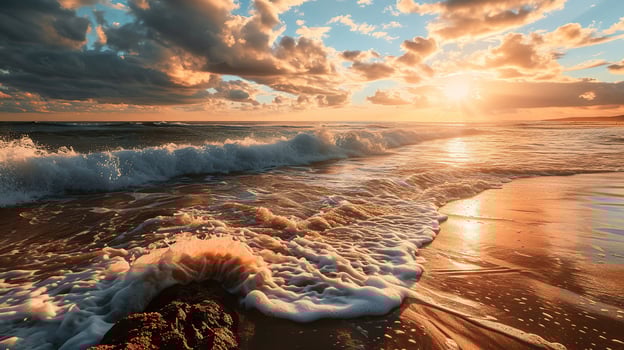 AI generated Beautiful sunset on the beach. Sea waves and splashes. photo