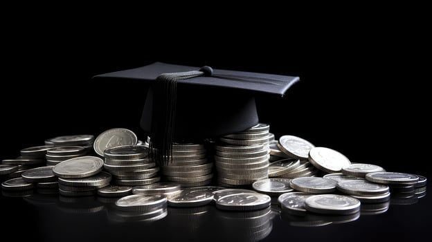 AI generated Graduation cap and coins on black background. photo