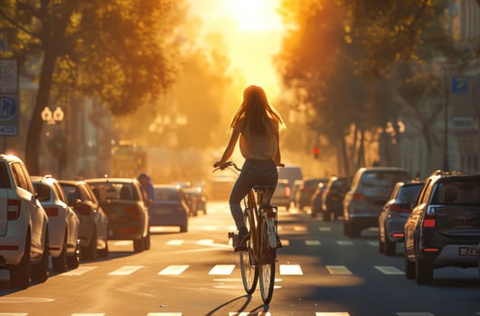 AI generated a young woman riding her bicycle over traffic photo