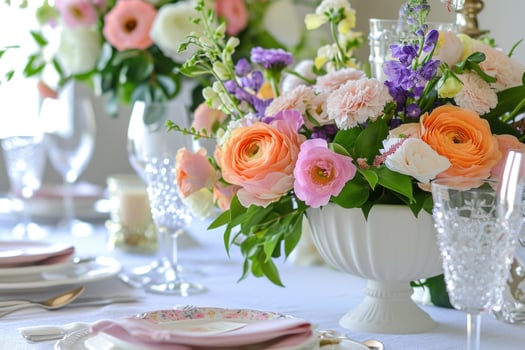 AI generated Elegant Easter Table Setting with Fresh Florals and Seasonal Centerpiece photo