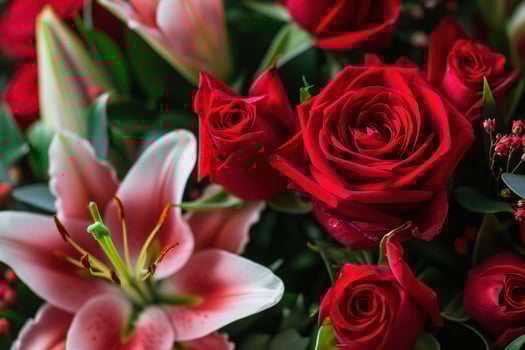 AI generated Bouquets of red roses, delicate lilies, and aromatic petals photo