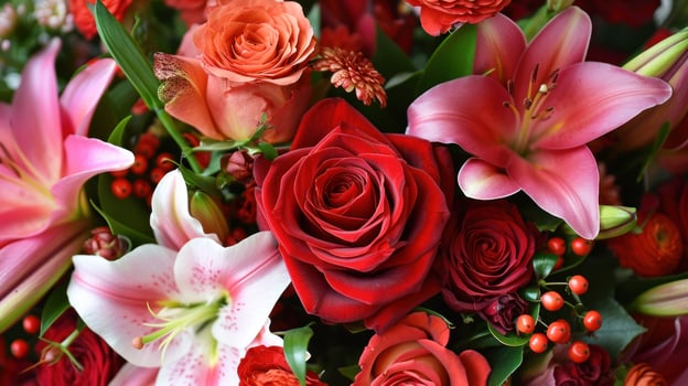 AI generated Bouquets of red roses, delicate lilies, and aromatic petals photo