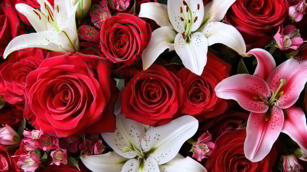 AI generated Bouquets of red roses, delicate lilies, and aromatic petals photo