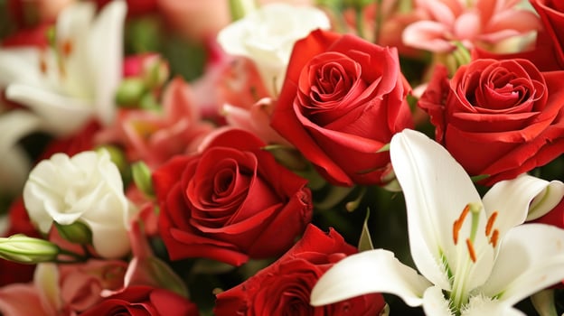 AI generated Bouquets of red roses, delicate lilies, and aromatic petals photo