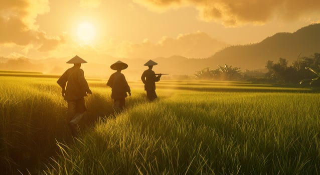 AI generated three men walking along the rice field at sunrise photo