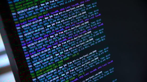 Screen with crypto code, green digitals. Bitcoin on computer screen with code bitcoin mining photo