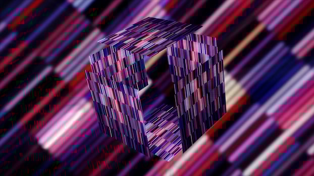 Bright purple and blue square in 3d. Motion. A shiny purple and green futage with a cube that opens and closes and glitters at the same time . photo
