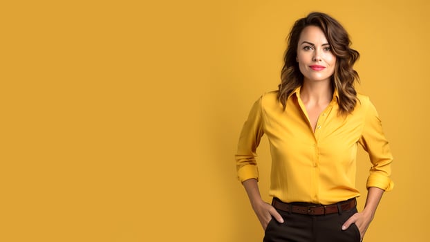 AI generated Portrait of a beautiful young business woman on a yellow background. photo