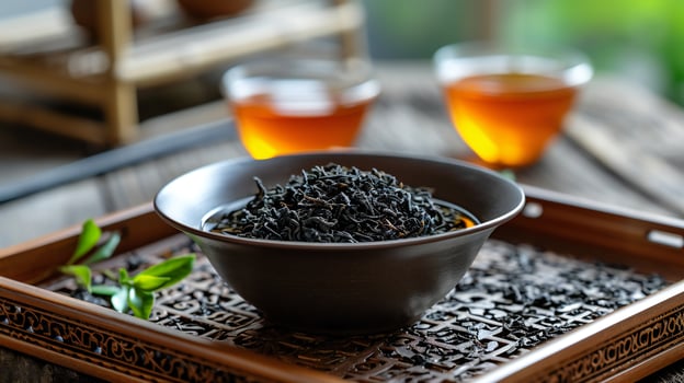 AI generated Traditional Loose Leaf Tea on a Wooden Tray photo