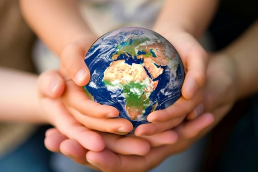 AI generated Family mom and child holding Earth in hands photo