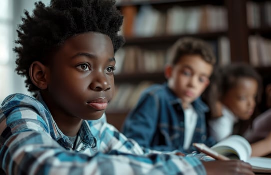 AI generated African American school children studying indoors, surrounded by friendship and togetherness generative AI photo