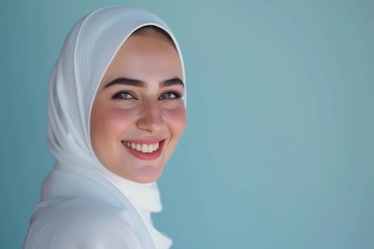 AI generated beautiful arabian muslim woman wearing white hijab with generative ai photo